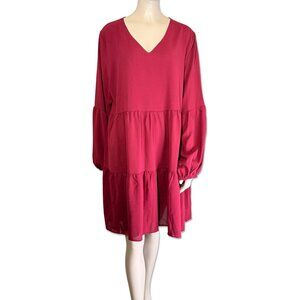 Dark Red Babydoll V-Neck Dress with Balloon Sleeves – Size XL
